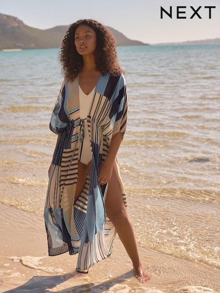 Blue Stripe Maxi Tie Waist Kimono Cover-Up (832149) | AED111