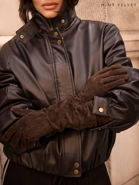 Brown - Mint Velvet Suede Long Gloves