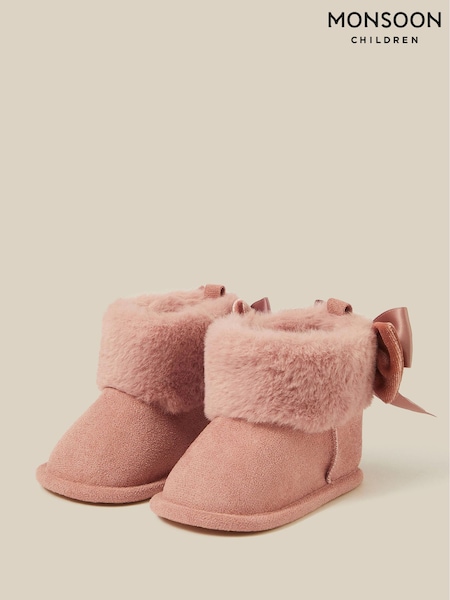 Pink - Monsoon Bow Faux Suede Booties