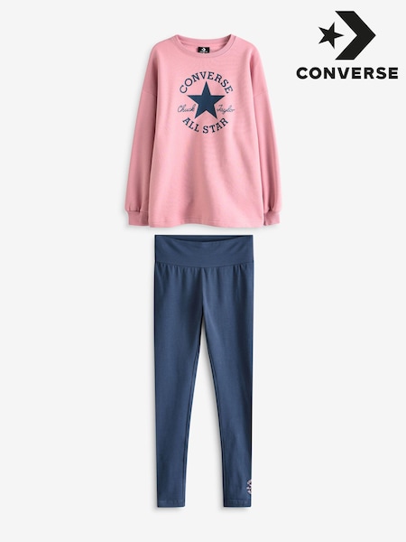 Albastru - Set de bluză cu guler rotund și colanți Converse (832654) | 200 LEI
