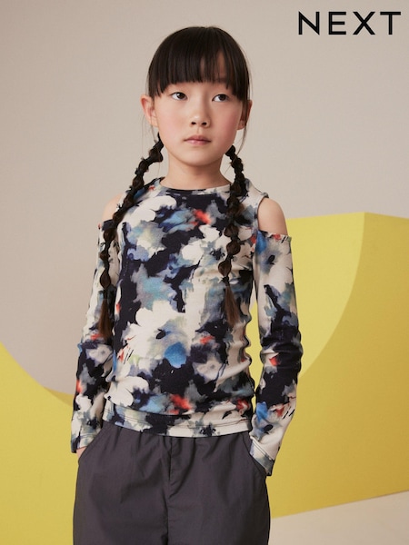 Black Floral Long Sleeve Cold Shoulder Rib T-Shirt (3-16yrs) (833534) | 24 QAR - 34 QAR