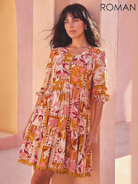Orange - Roman Patchwork Smock V-neck Dress