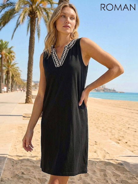 Black - Roman Trim Detail V-neck A-line Dress