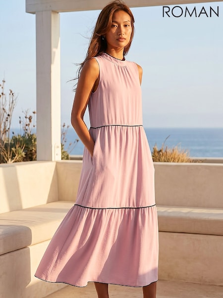 Pink - Roman Tiered Swing Midi Dress