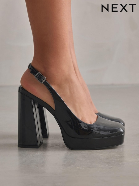 Black Patent Forever Comfort® Square Toe Platform Slingback Heel Shoes (835029) | €26.50