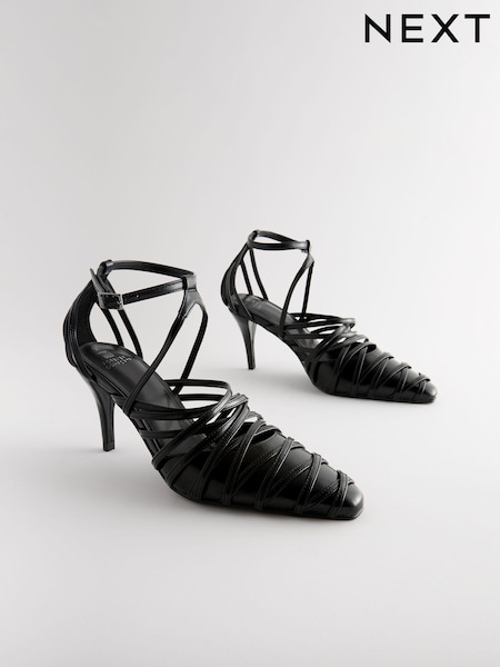 Black Forever Comfort® Cage Closed Point Toe Strappy Heels (835078) | 94 QAR