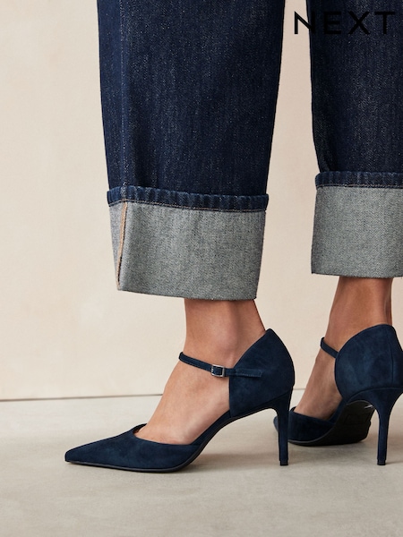 כחול כהה - Forever Comfort® Leather Point Toe Mary Jane Heels (835148) | ‏150‏₪