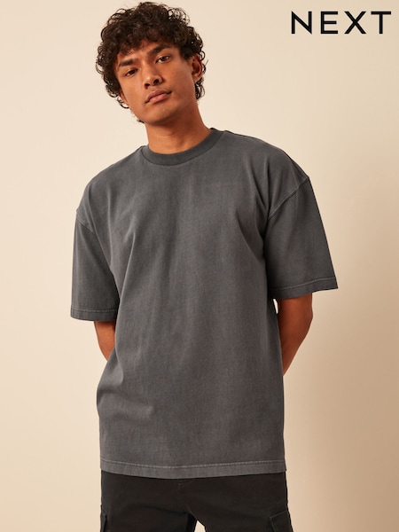 Charcoal Grey Garment Dye Heavyweight Relaxed 100% Cotton T-Shirt (835295) | 44 QAR