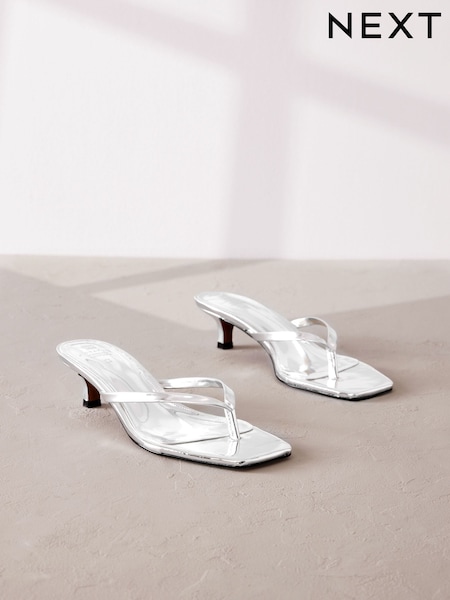 Silver Premium Leather Toe Post Heeled Mules (835721) | AED96