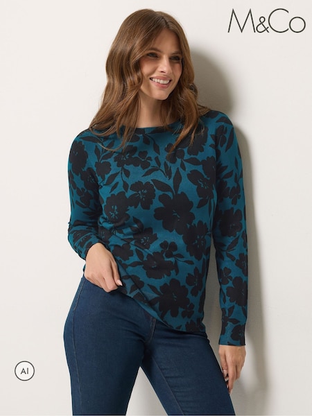 Blue - M&co Floral Printed Jumper