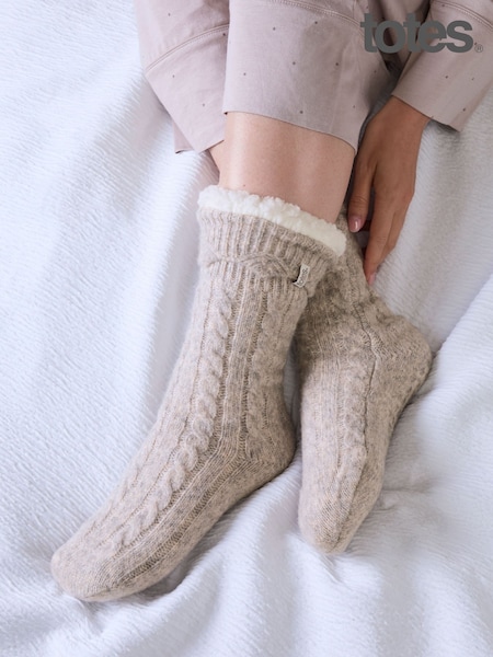 Natural - Totes Cable Knit Slipper Socks With Sherpa Lining