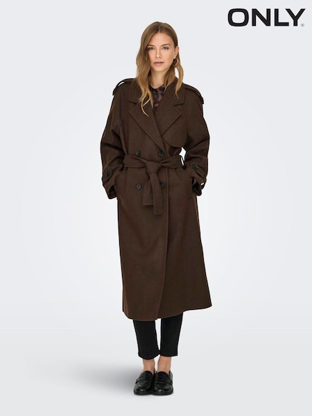 Brown - Only Trench Style Belted Long Coat