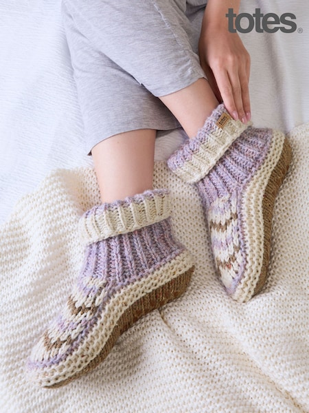 Purple - Totes Chunky Knit Booties Socks With Sherpa Lining