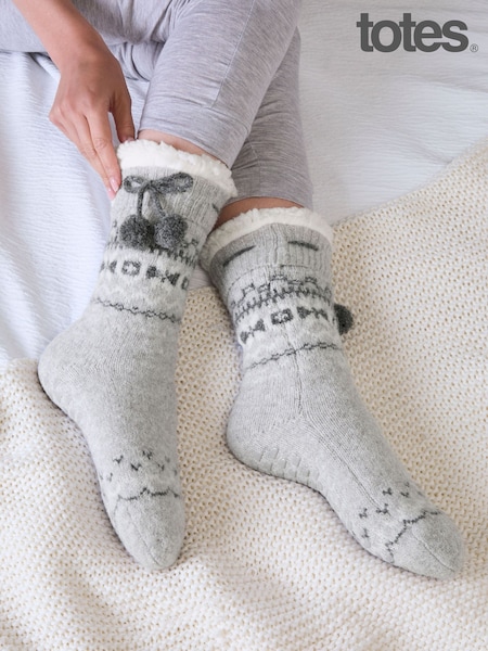 Grey - Totes Fair Isle Knit Slipper Socks With Sherpa Lining