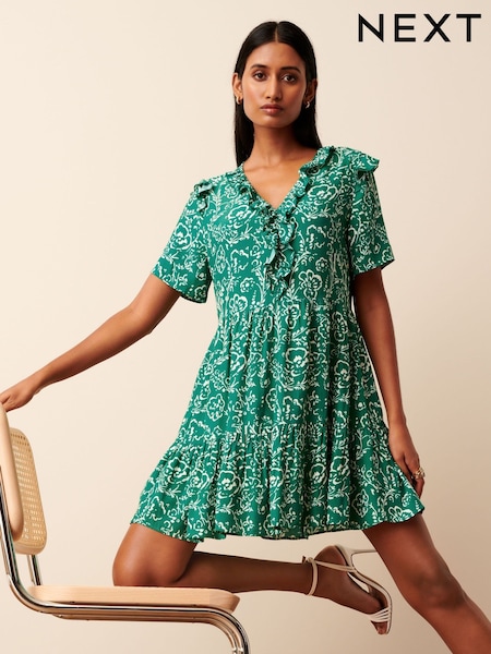 Grün mit floralem Print - Gesmoktes Minikleid mit Rüschen (836698) | 22 €