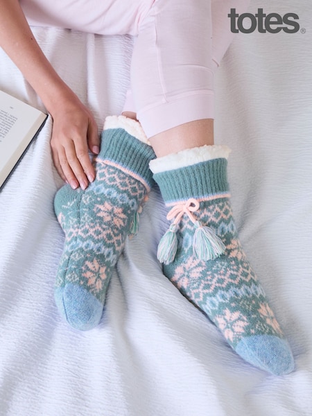 Blue - Totes Fair Isle Knit Crop Slipper Socks With Sherpa Lining