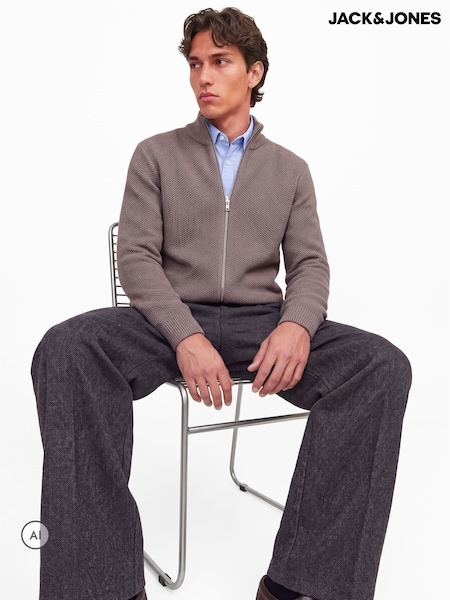 Brown - Regular Jack & Jones High Neck Knitted Zip Cardigan