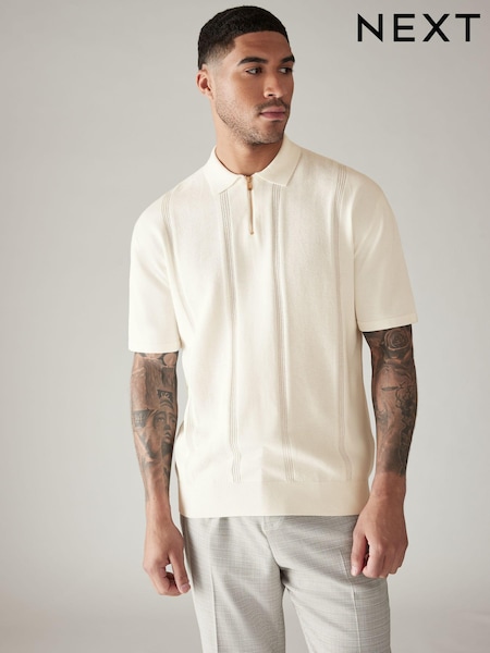 Ecru/White Regular 100% Cotton Textured Stripe Knit Polo Shirt (837047) | €13