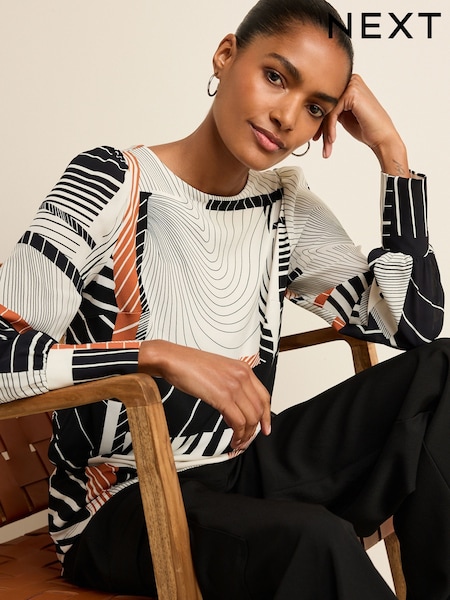 Black/White/Orange Geo Swirl Long Sleeve Crew Neck Cuff Blouse (838716) | €18