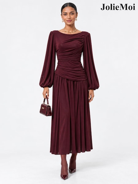 أحمر - Jolie Moi Boat Neck Balloon Sleeve Maxi Dress