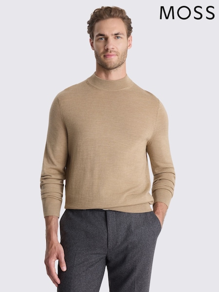 Camel Brown - Regular Moss Merino-blend Mock-neck Jumper
