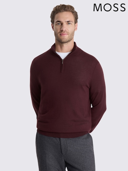 Red - Regular Moss Merino-blend Zip-neck Jumper