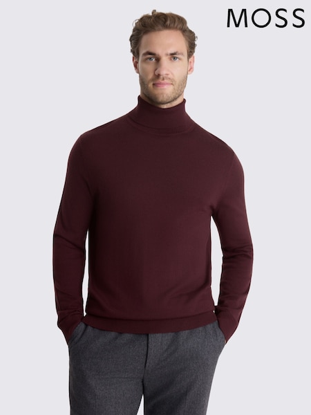Wine Red - Regular Moss Merino-blend Roll Neck Jumper