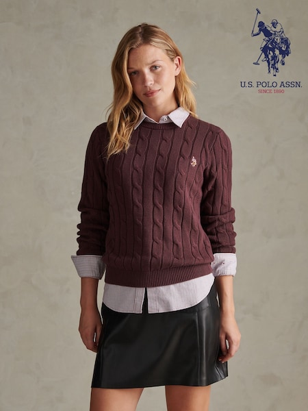 Burgundy Red - U.s. Polo Assn. Crew Neck Cable Knit Jumper