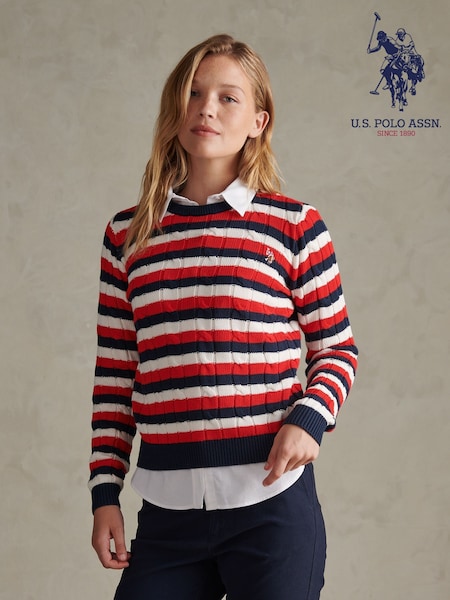 Red - U.s. Polo Assn Stripe Crew Neck Cable Jumper