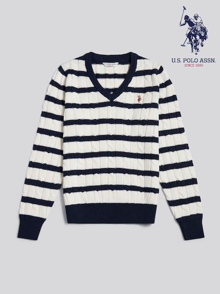Crema - U.s. Polo Assn. V-neck Striped Cable Knit Jumper