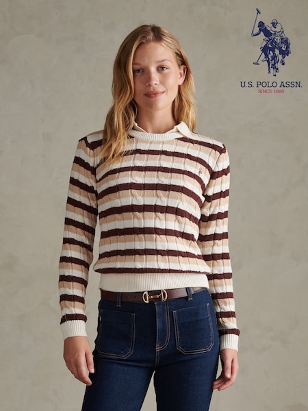 Natural - U.s. Polo Assn Stripe Crew Neck Cable Jumper