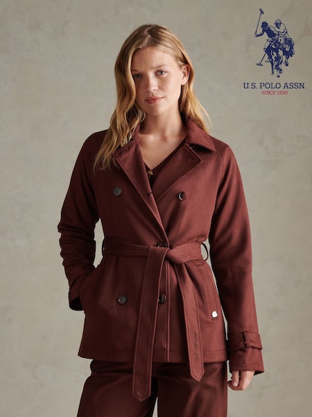 Dark  Brown - U.s. Polo Assn. Short Suedette Belted Trench Coat