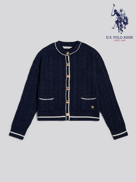 Blue - U.s. Polo Assn Gold Button Tipped Cable Knit Cardigan