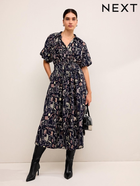 Темно-синий с принтом - Puff Sleeve Midi Dress (841499) | €17