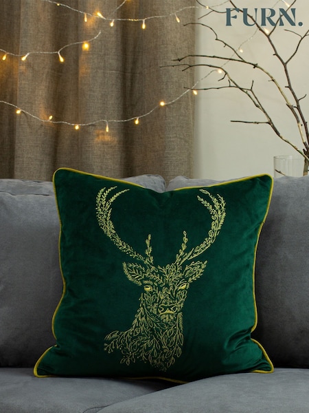 furn. Emerald Green/Gold Forest Fauna Embroidered Polyester Filled Cushion (842781) | 99 QAR