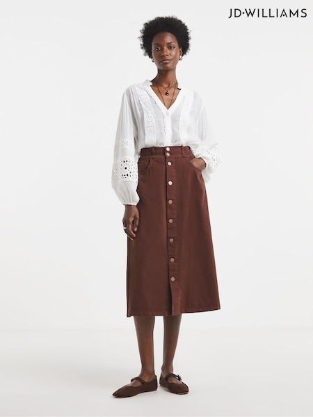 Braun - Jd Williams Elasticated Waist Button Through Midi Skirt