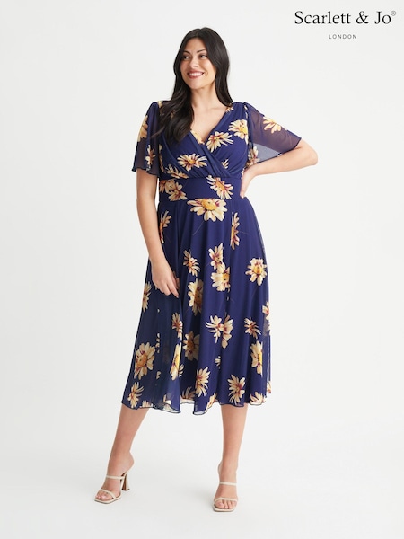Albastru bleumarin cu model floarea soarelui - Rochie midi Scarlett & Jo Victoria din tul cu mânecă aripă de înger (843049) | 354 LEI