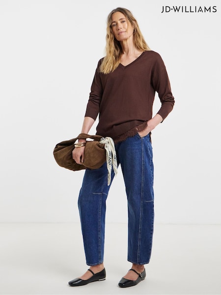 Brown - Jd Williams Lace Hem V-neck Jumper