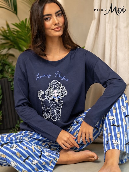 Blue - Pour Moi Cotton Long Sleeve Wide Leg Trouser Pyjamas Set