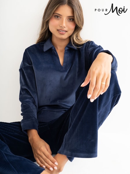 Blue - Pour Moi Cosy Fleece Collared Sweatshirt Ribbed Wide Leg Pyjamas Set