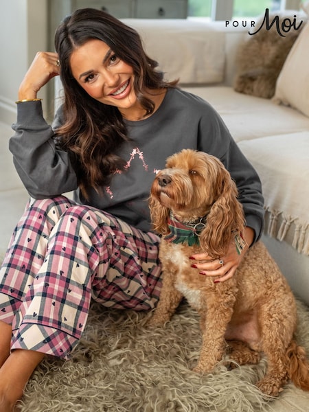 Grey - Pour Moi Logo Sweatshirt Cosy Check Pyjamas Set