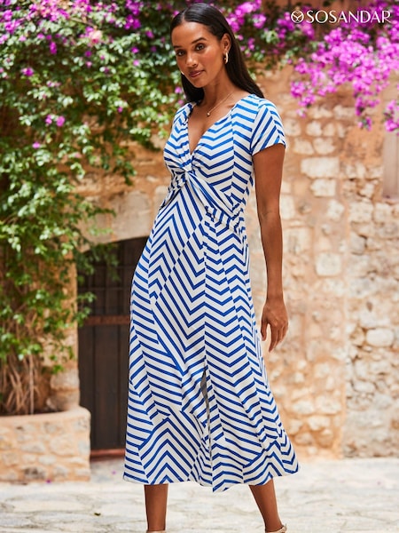 Sosandar Blue white Knot Front Cap Sleeve Fit And Flare Dress (844087) | 371 QAR