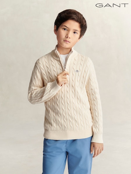 Crème - Gant Shield Cotton Cable Half Zip Sweater