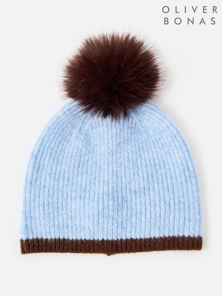 Blå og brun - Oliver Bonas Pom Pom Knitted Beanie Hat
