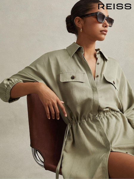 Reiss Green Leighton Viscose-Linen Tie Waist Mini Dress (846082) | €170