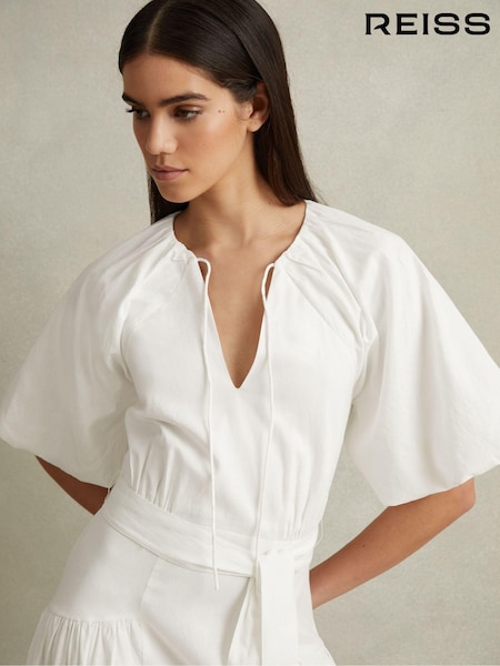 Reiss White Alice Lyocell Blend Puff Sleeve Midi Dress (846167) | €140