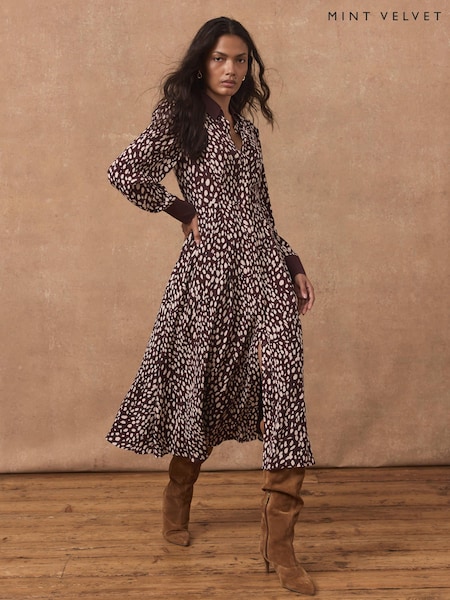 Red - Mint Velvet Printed Contrast Midi Shirt Dress