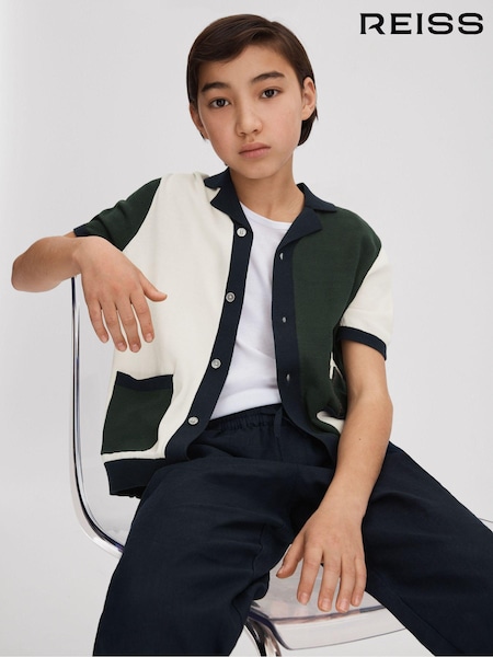 Reiss Green Multi Ata 3-9 yrs Knitted Colourblock Cuban Collar Shirt (846352) | €20