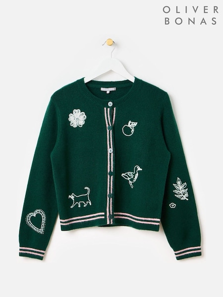 Dark Green & White - Oliver Bonas Embroidered Crew Neck Knitted Cardigan