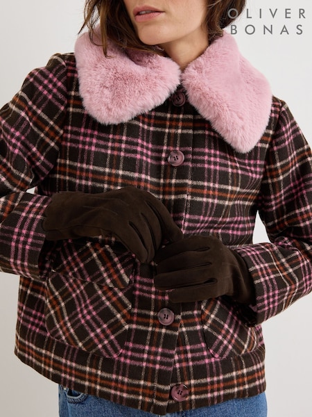 Dark Brown - Oliver Bonas Suede Leather Gloves